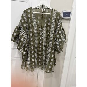 Cato Plus Size 22/24Olive Green Embroidered Bell Sleeve Tunic Top